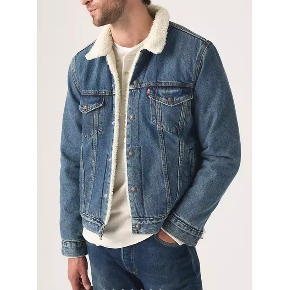 Levis 90s Sherpa Trucker Jacket Vintage Lined Blue Denim Medium Wash Mens Small - Picture 2 of 8